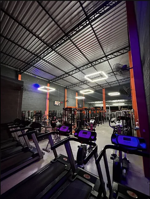 Esteiras e área cardio com iluminação roxa